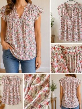 Monday Fun Floral V-Neck Flutter Sleeve Blouse Size Large